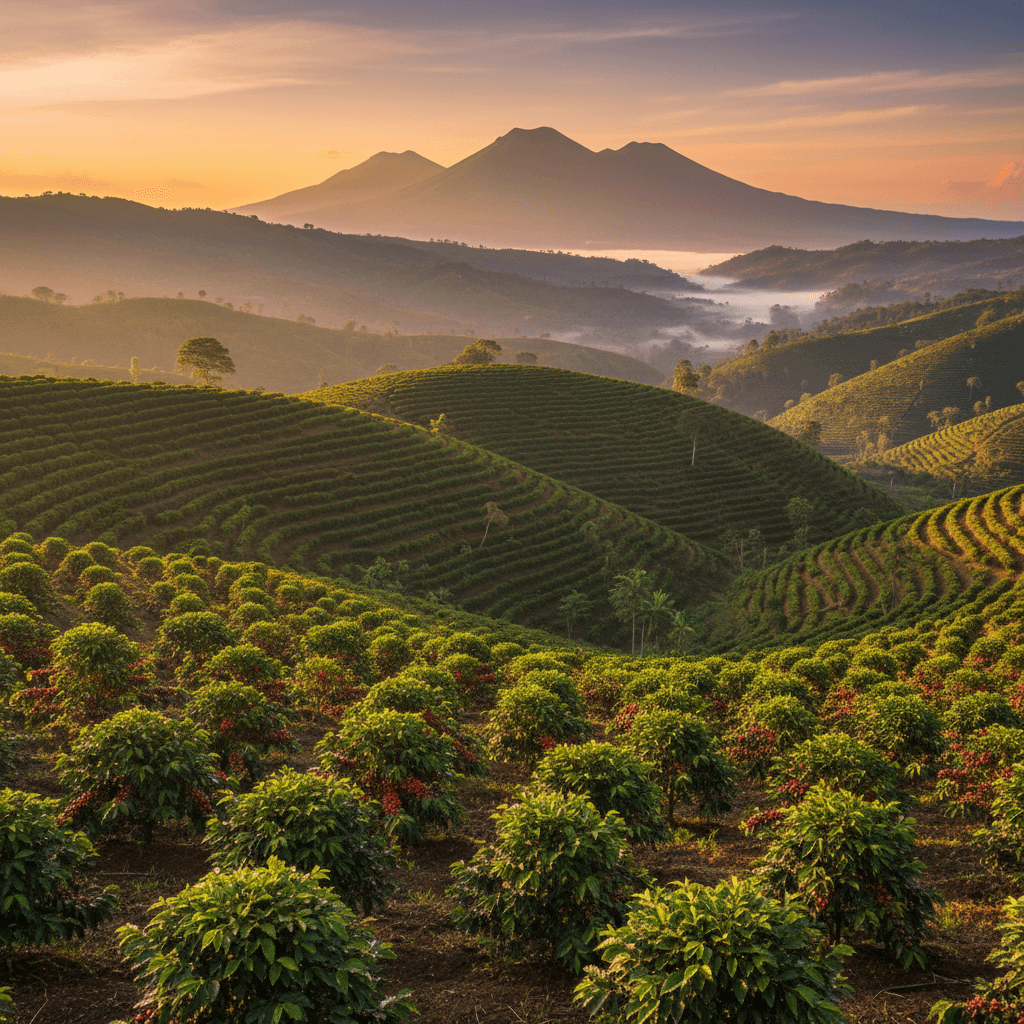 Coffee farm at golden hour in Central American highlands